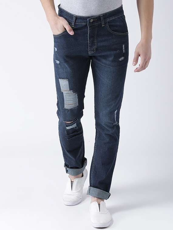 blue cotton blend distressed jeans