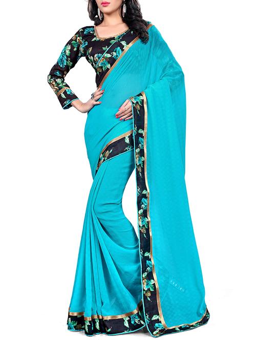 women's bordered turquoise colored saree with blouse - 15476057 - Standard Image - 0