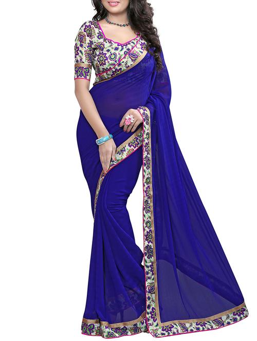 women's bordered navy blue colored saree with blouse - 15476058 -  Standard Image - 0