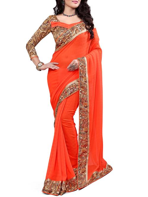 women's bordered orange colored saree with blouse - 15476059 - Standard Image - 0
