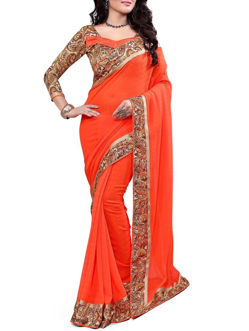 women's bordered orange colored saree with blouse - 15476059 - Zoom Image - 0