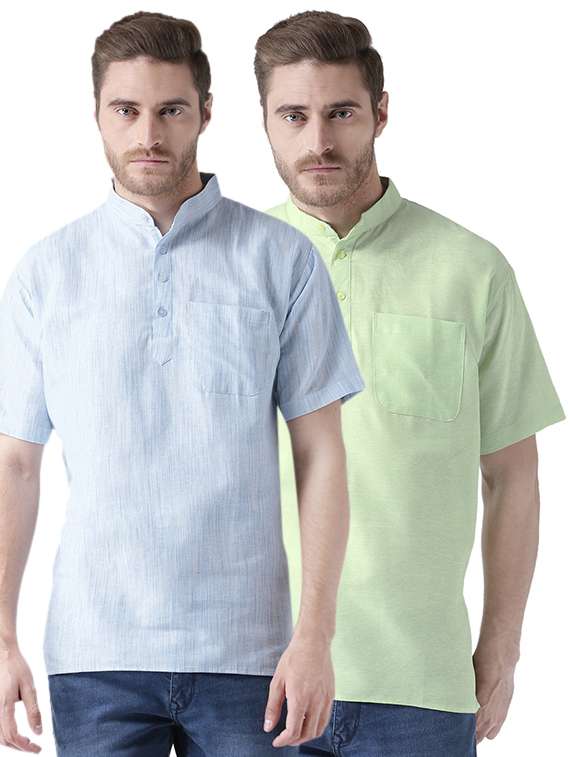 blue and green solid khadi short kurta combo 