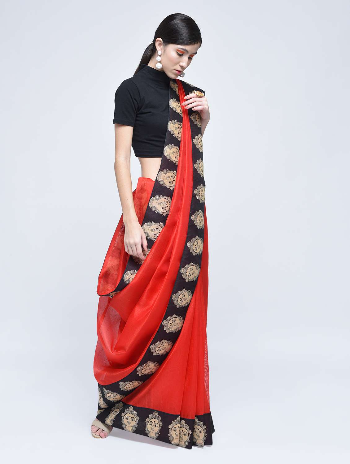 kalamkari printed border bhagalpuri saree