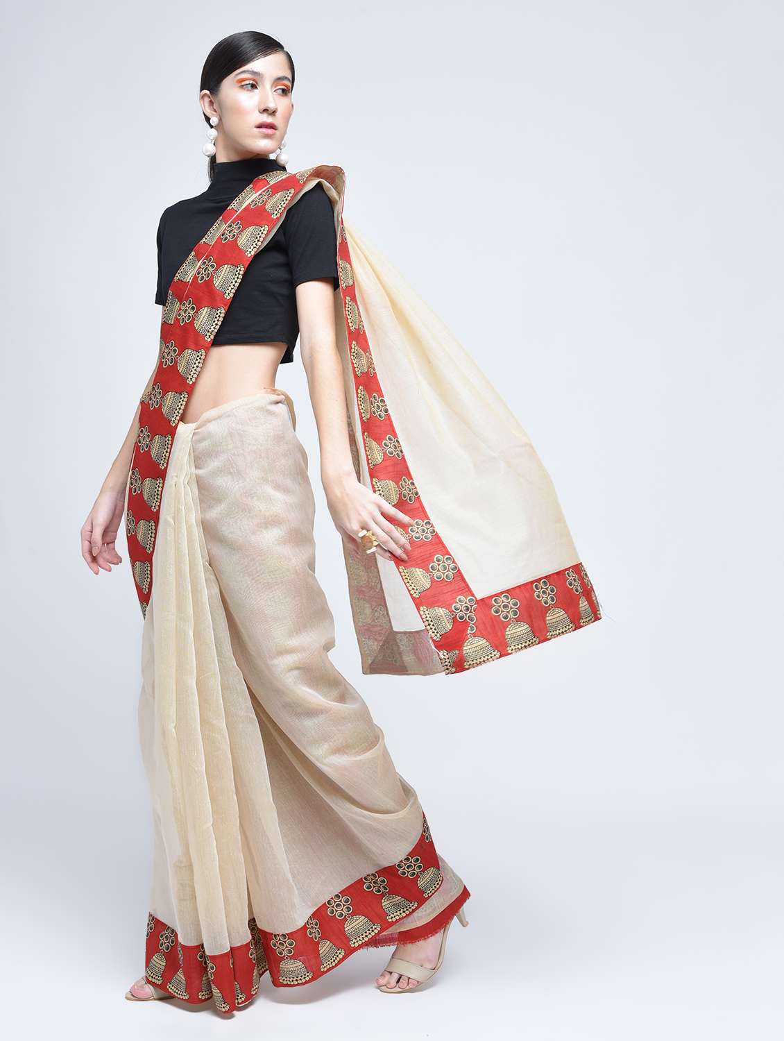 kalamkari printed border chanderi saree