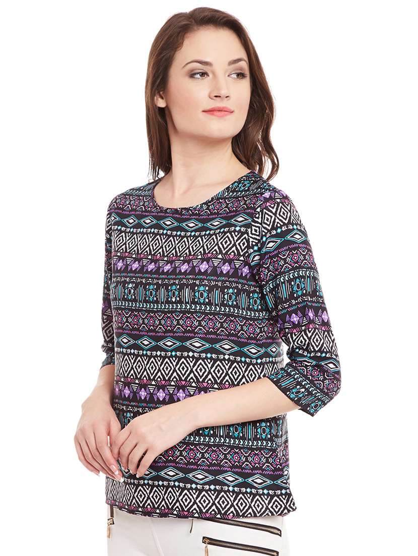 round neck aztec print regular top - 15482693 -  Standard Image - 1