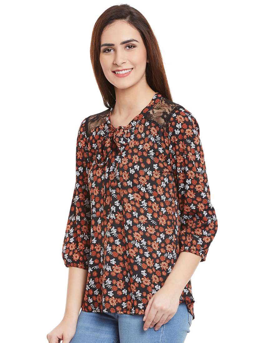 lace detail tie up neck printed top - 15482696 - Standard Image - 1