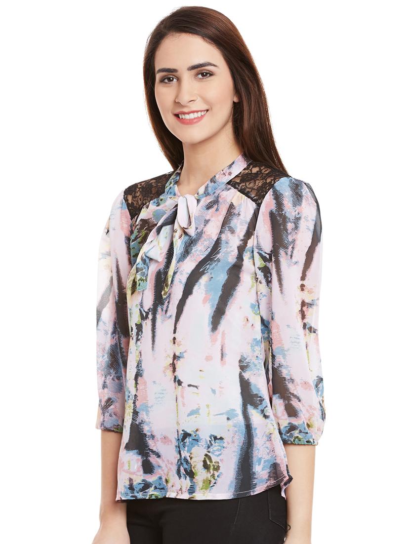 lace detail tie up neck abstract print top - 15482697 - Standard Image - 1