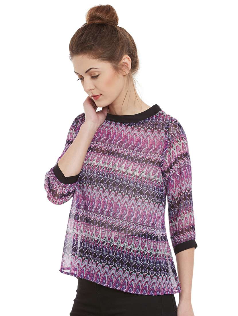 round neck sheer printed top - 15482698 -  Standard Image - 1