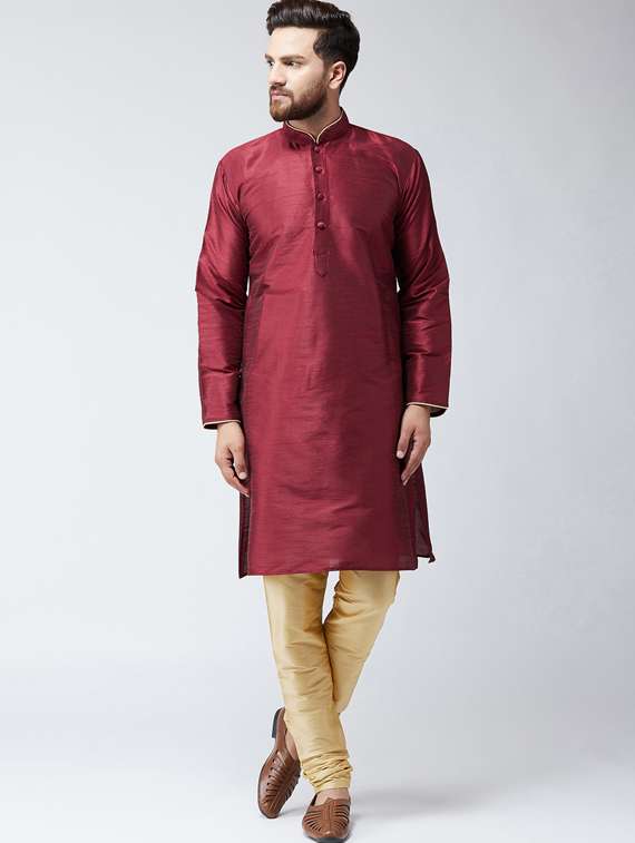 maroon & gold silk blend kurta pyjama set