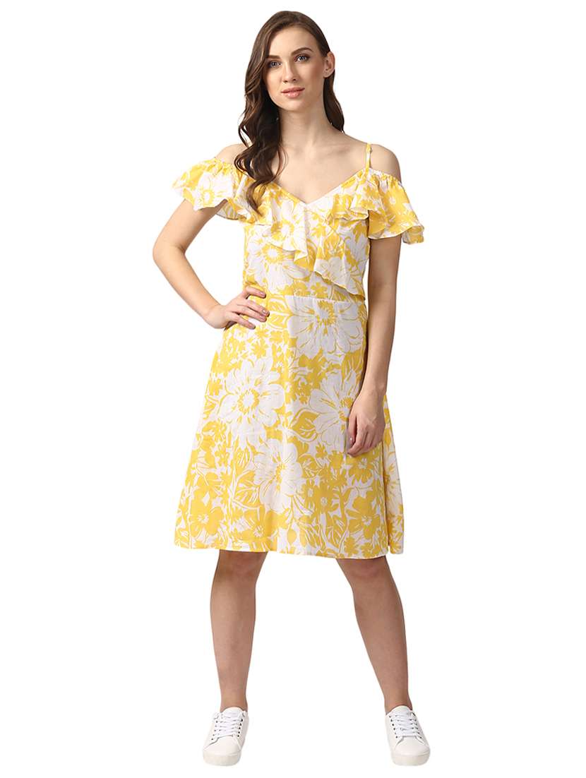 ruffle detailed printed a-line dress