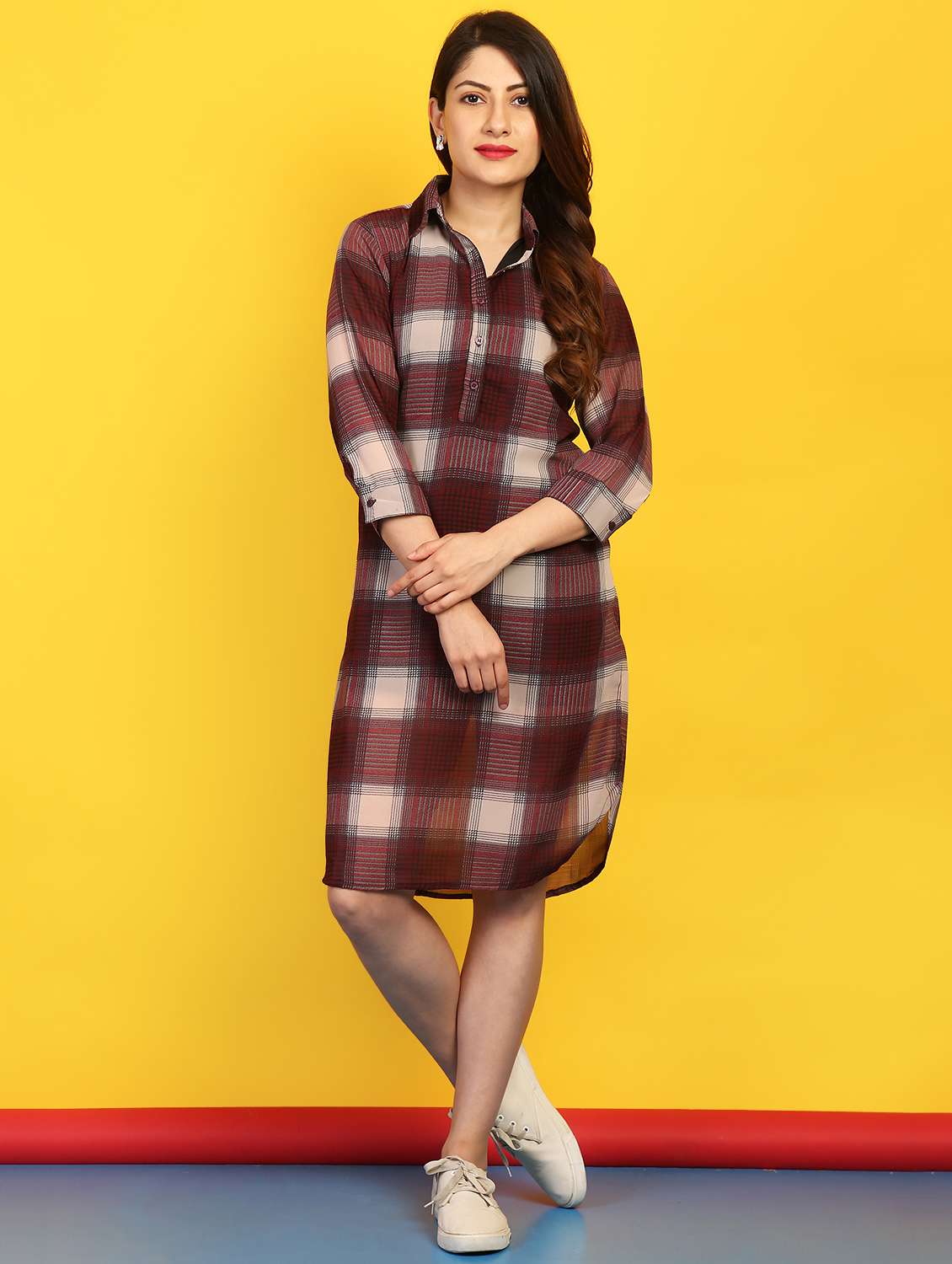 button detail checkered shift dress