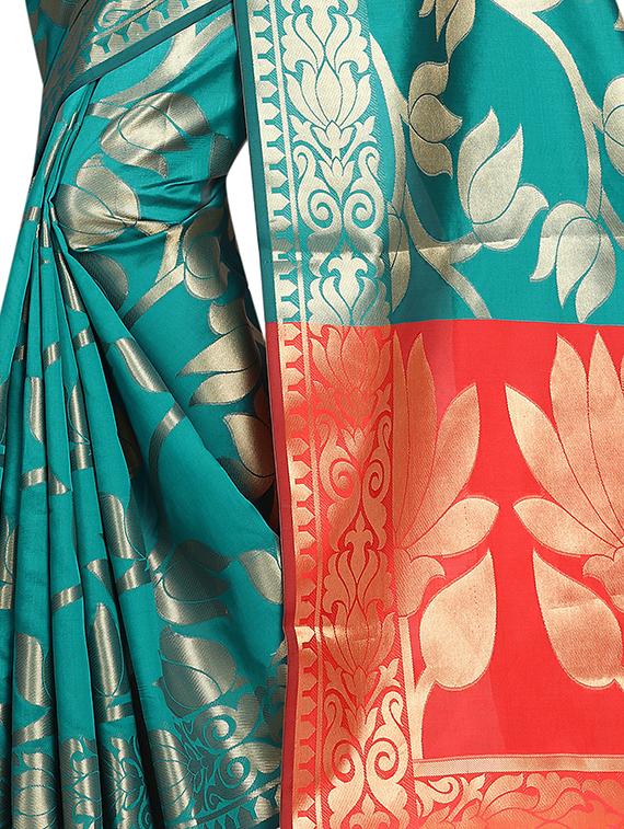 turquoise zari jacquard banarasi saree with blouse - 15504112 - Standard Image - 1