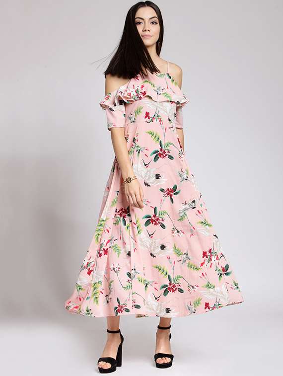 cold shoulder ruffle detailed printed dress