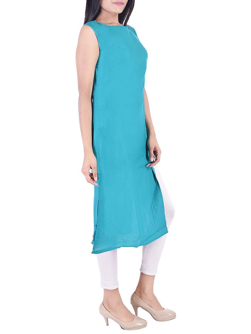 teal solid straight kurta - 15511341 - Standard Image - 1