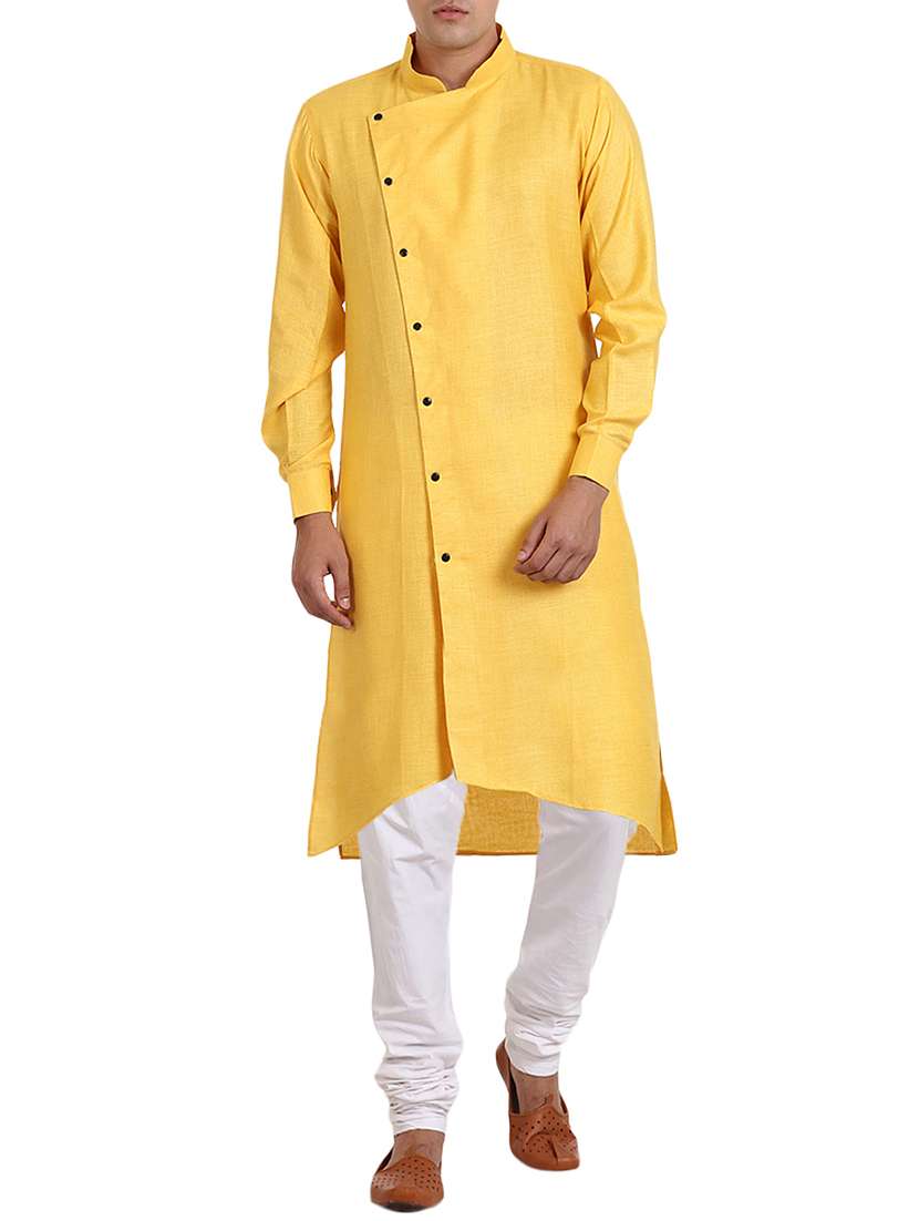 yellow solid cotton asymmetric kurta