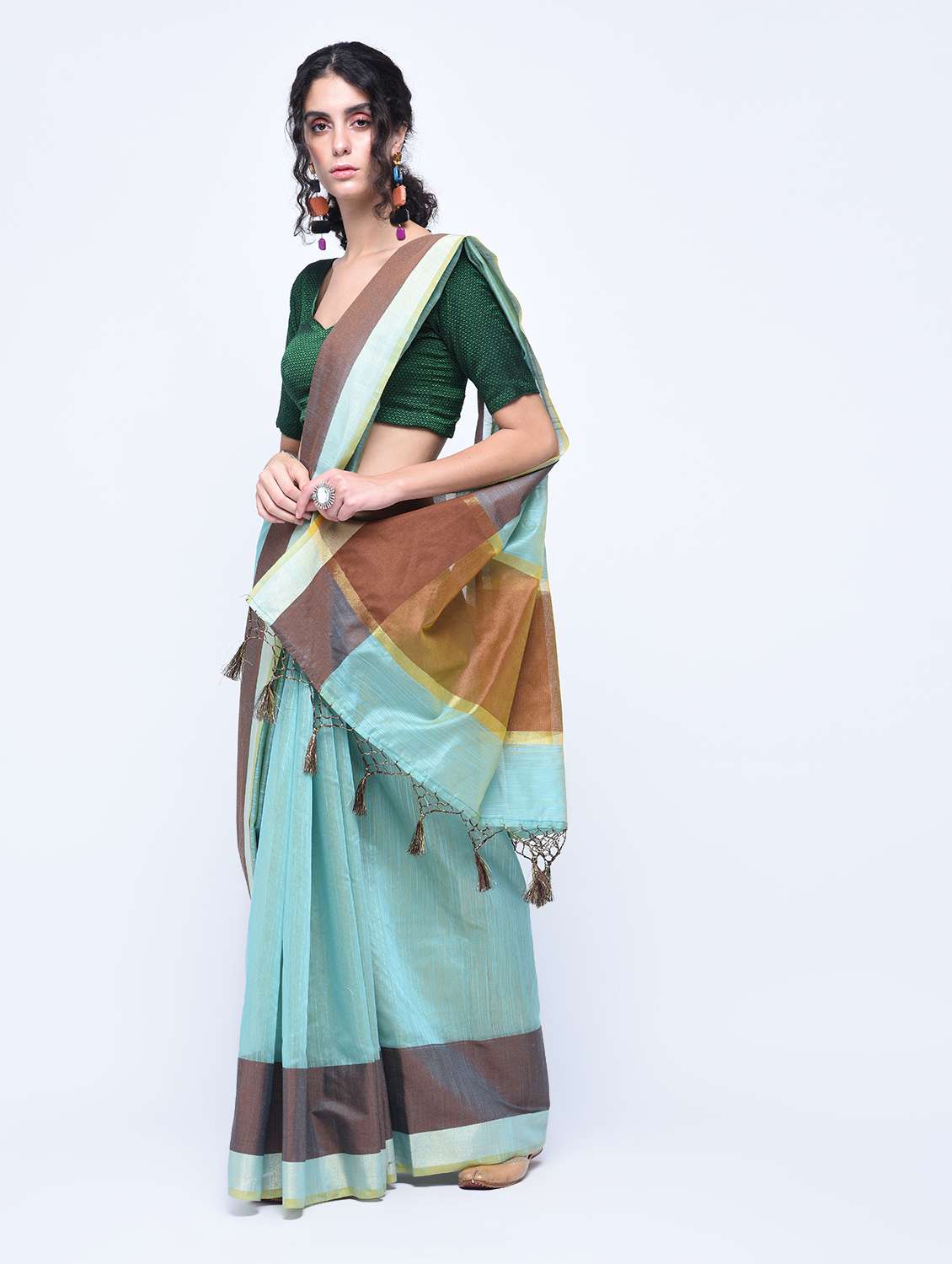 sea green  linen handloom saree with blouse