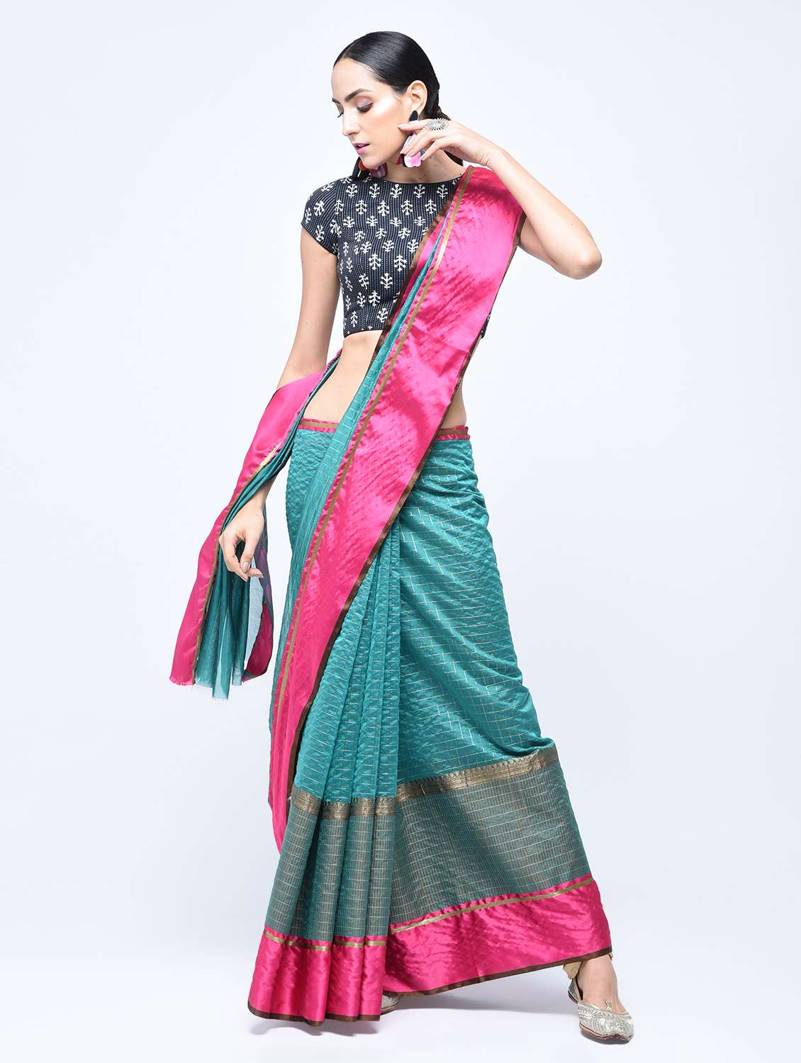 mercerised checkered banarasi saree with blouse