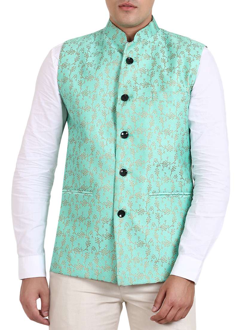 green silk nehru jacket