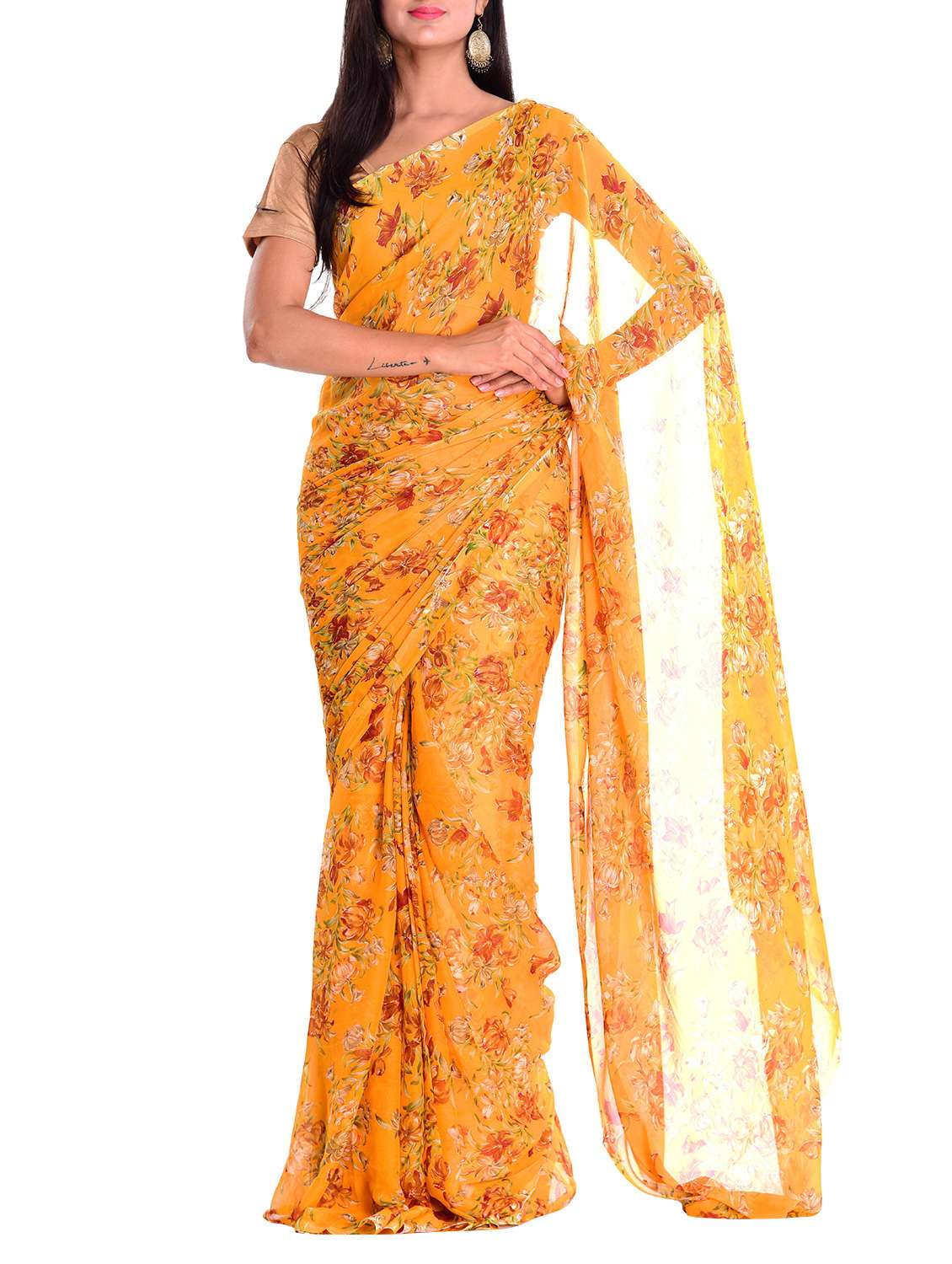 floral printed mustard saree with blouse