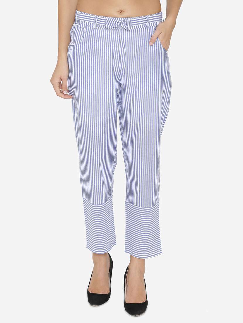 bow detailed striped trousers