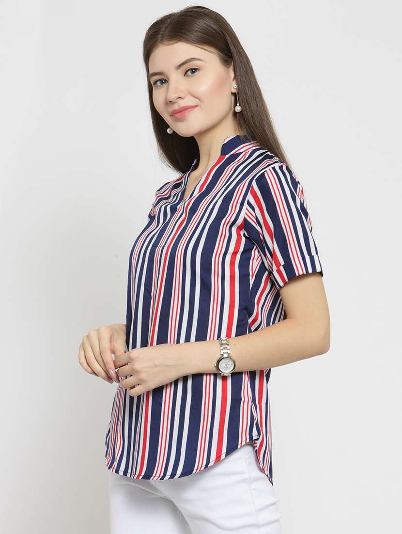 women striped mandarin neck top - 15521634 -  Standard Image - 1
