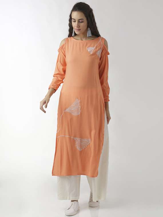 embroidered cold shoulder straight kurta