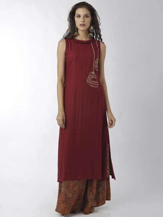 pleated neck straight embroidered kurta