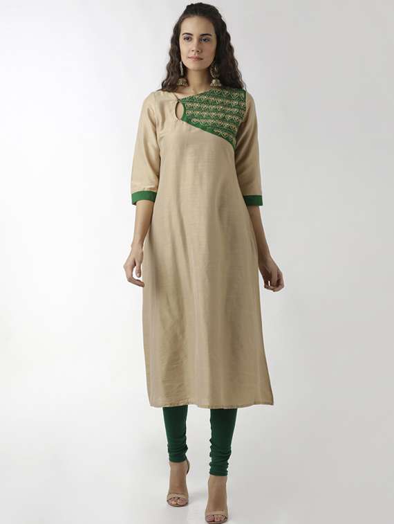 beige embroidered silk a-line kurta