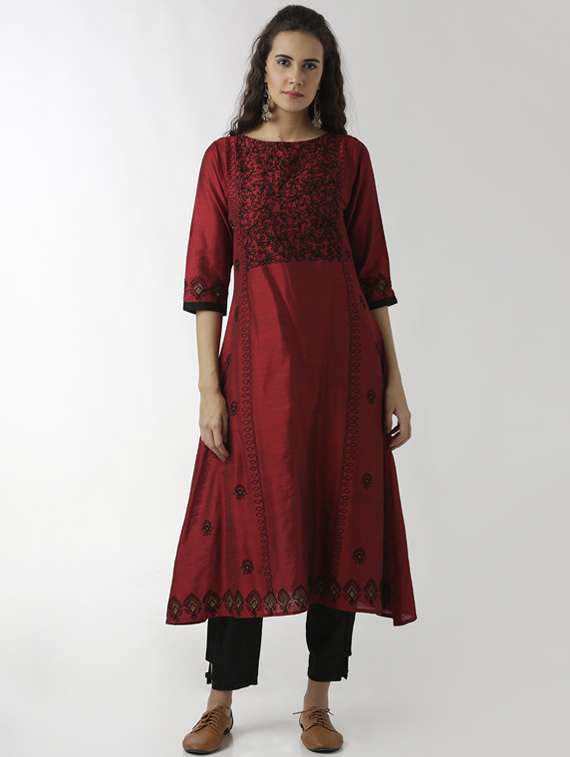 maroon silk a-line embroidered kurta