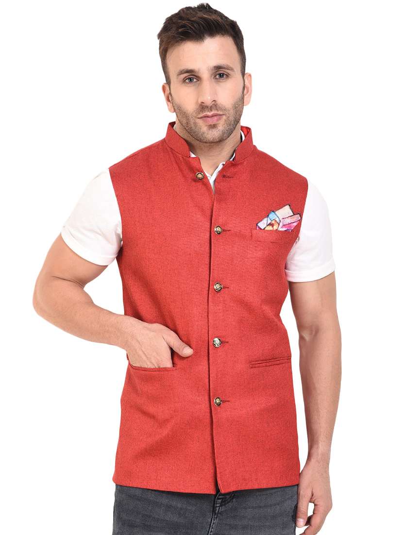 red cotton nehru jacket