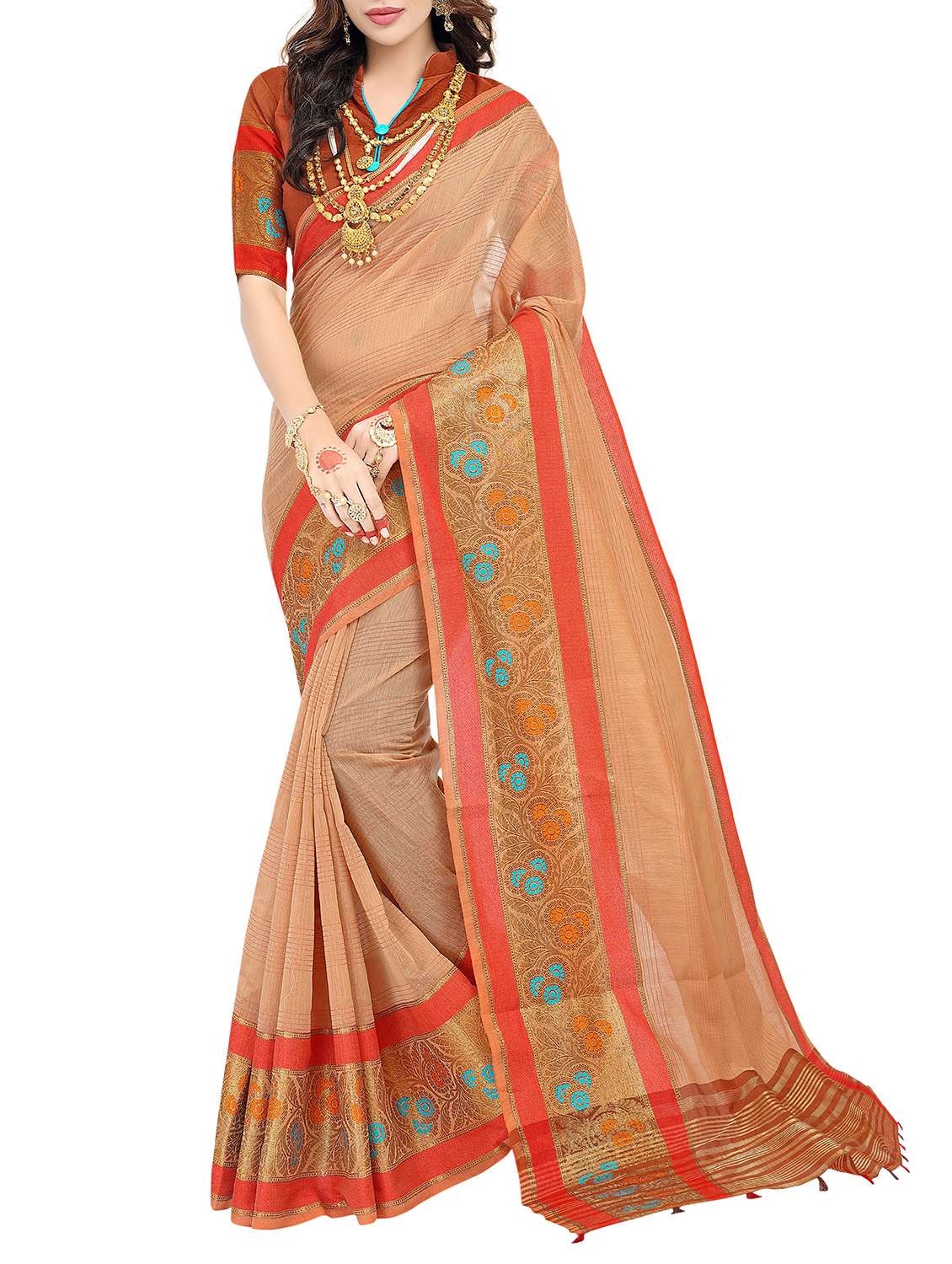 women's bordered royal blue colored saree with blouse