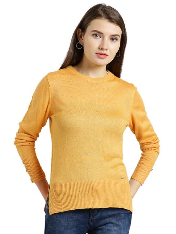 crew neck button detailed sleeve pullover
