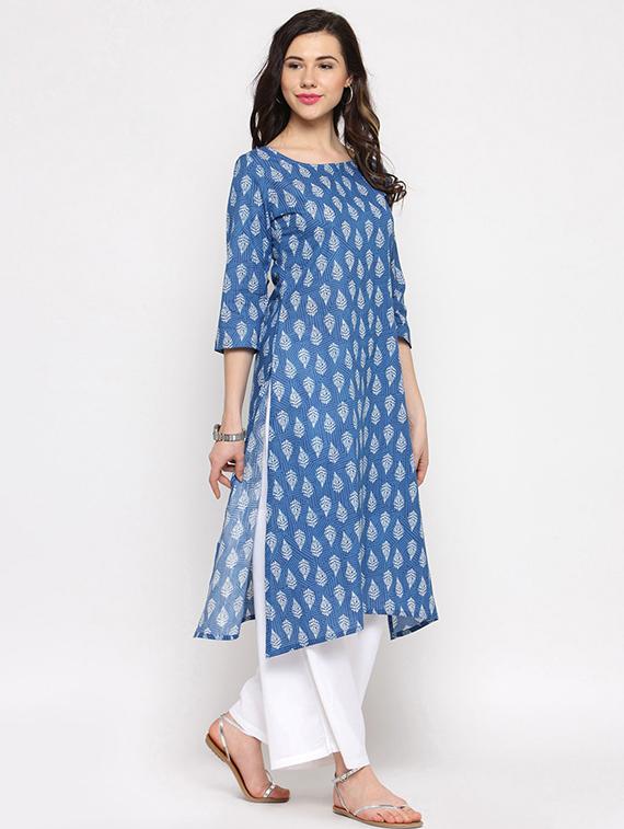 indigo printed a-line kurta - 15537736 -  Standard Image - 1