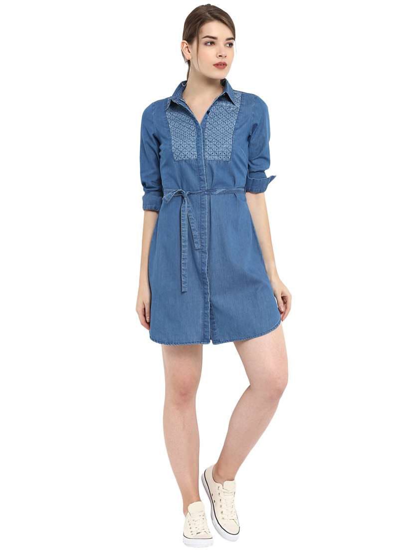 sequined yoke self tie waist dress