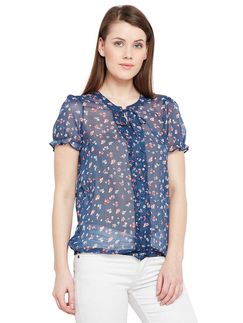 frilled detail printed top - 15540087 -  Standard Image - 1