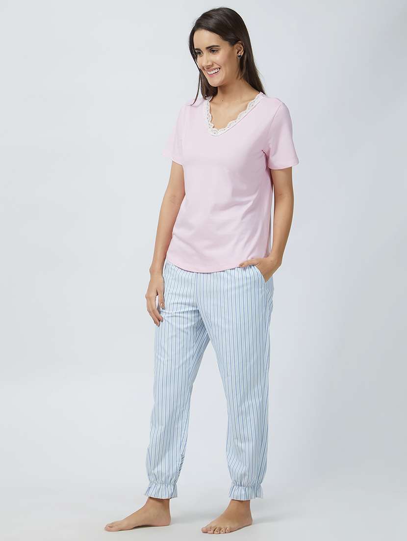 lace trim striped pajama set - 15540396 - Standard Image - 1