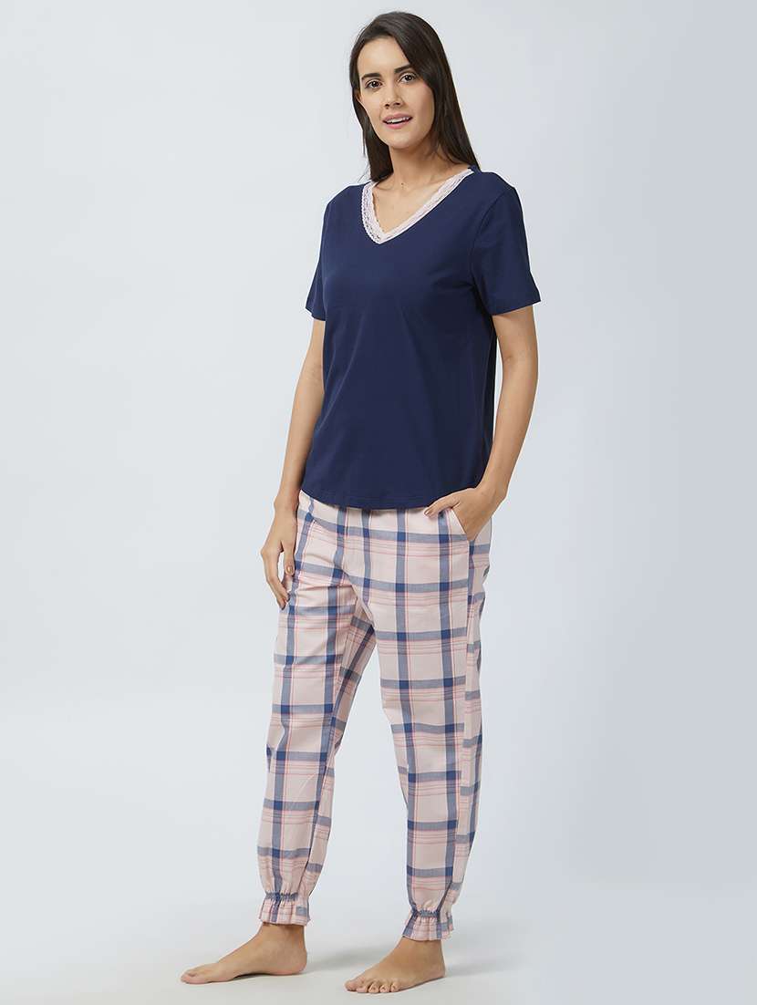 lace trim checkered pajama set - 15540398 -  Standard Image - 1