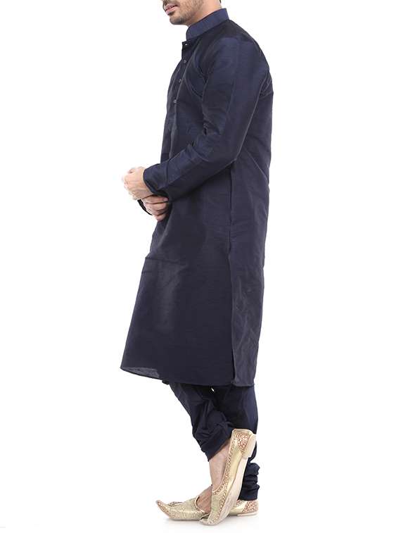 navy blue silk blend kurta pyjama set - 15560086 - Standard Image - 1
