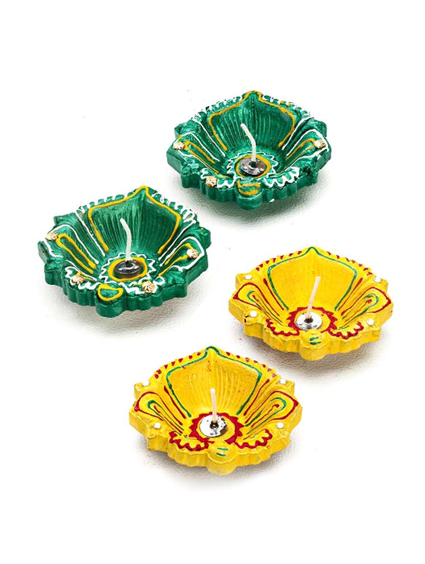 decorated handcrafted diya set in hues of green & yellow - set of 4 - 15561442 -  Standard Image - 1