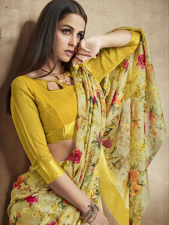 ditsy floral printed linen saree with blouse - 15565001 - Standard Image - 1