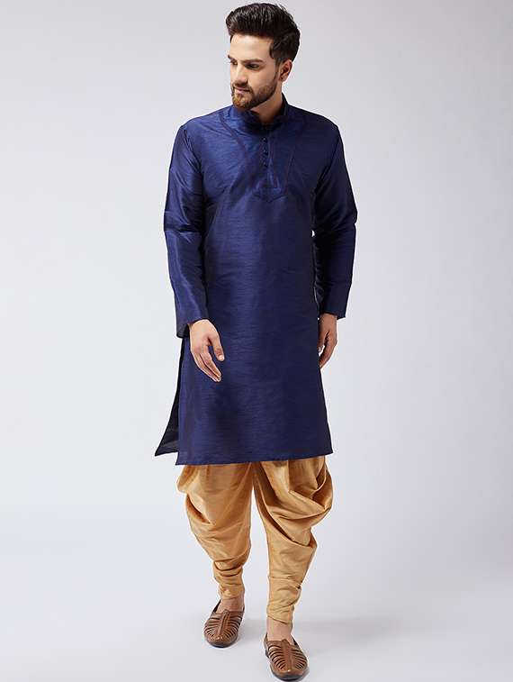 blue & gold silk blend dhoti kurta set