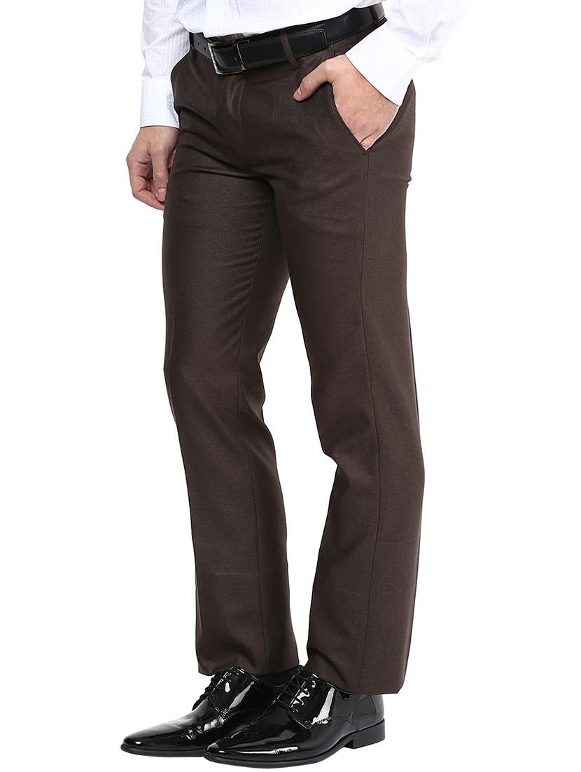 Brown Polyester Blend Flat Front Formal Trouser