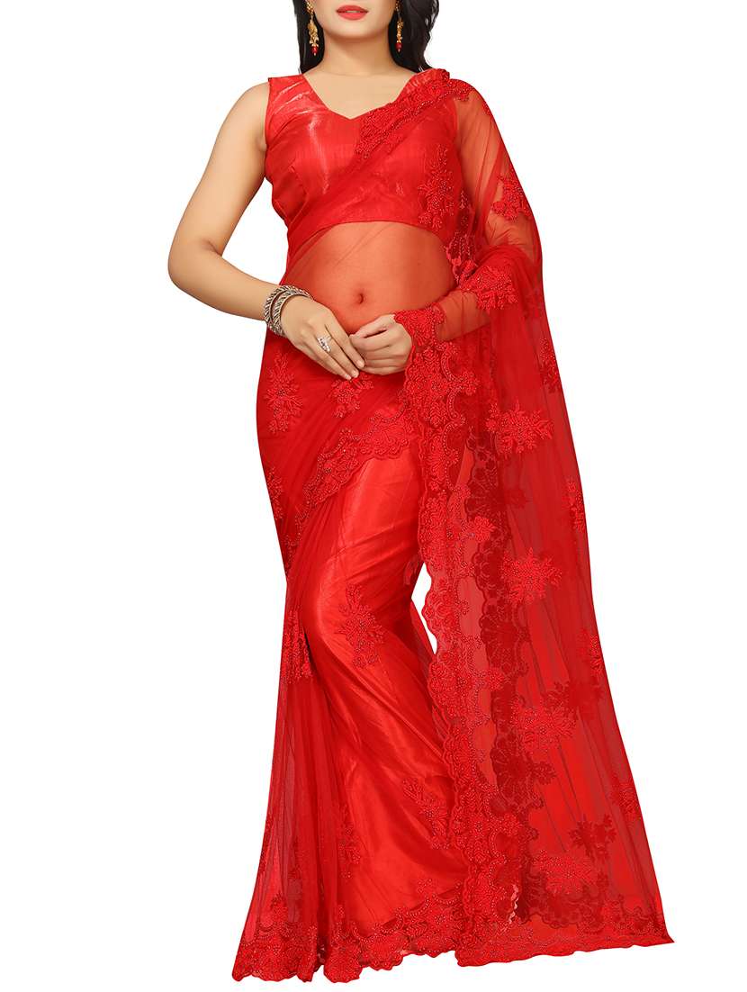 floral embroidered red saree with blouse