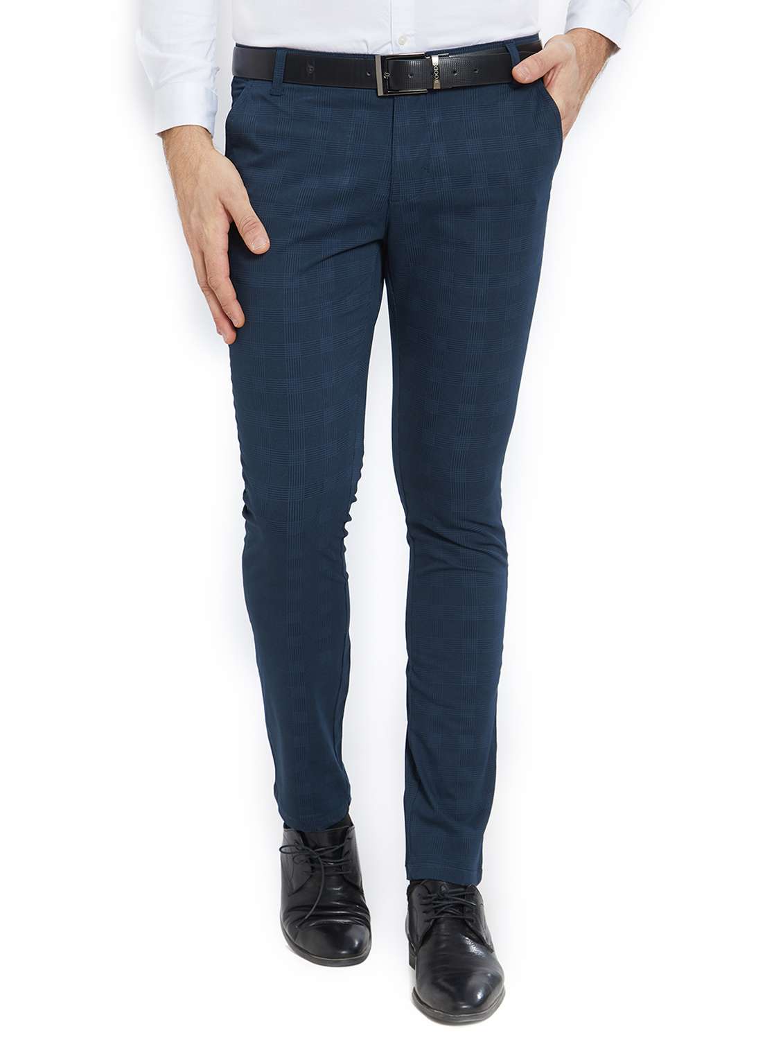 navy blue cotton blend flat front formal trouser