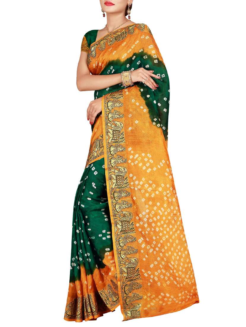 contrast conversational border bandhani saree with blouse