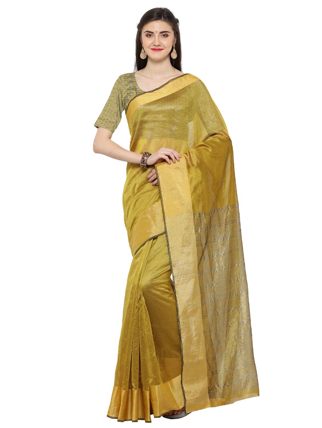 women's self design gold colored saree with blouse
