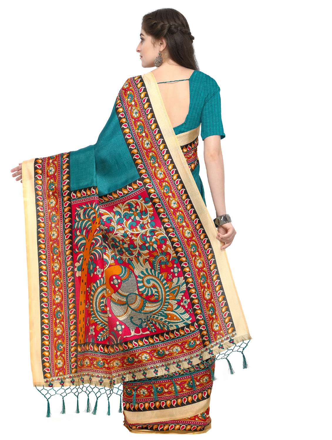 kalamkari printed border saree with blouse - 15576413 - Standard Image - 1