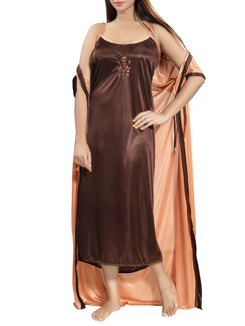 brown solid sleepwear robe set