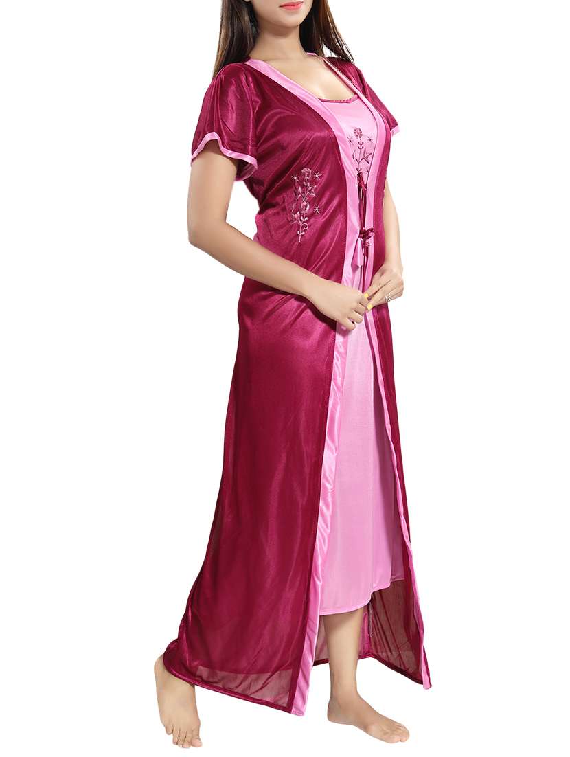 pink solid sleepwear robe and nighty set - 15577631 -  Standard Image - 1