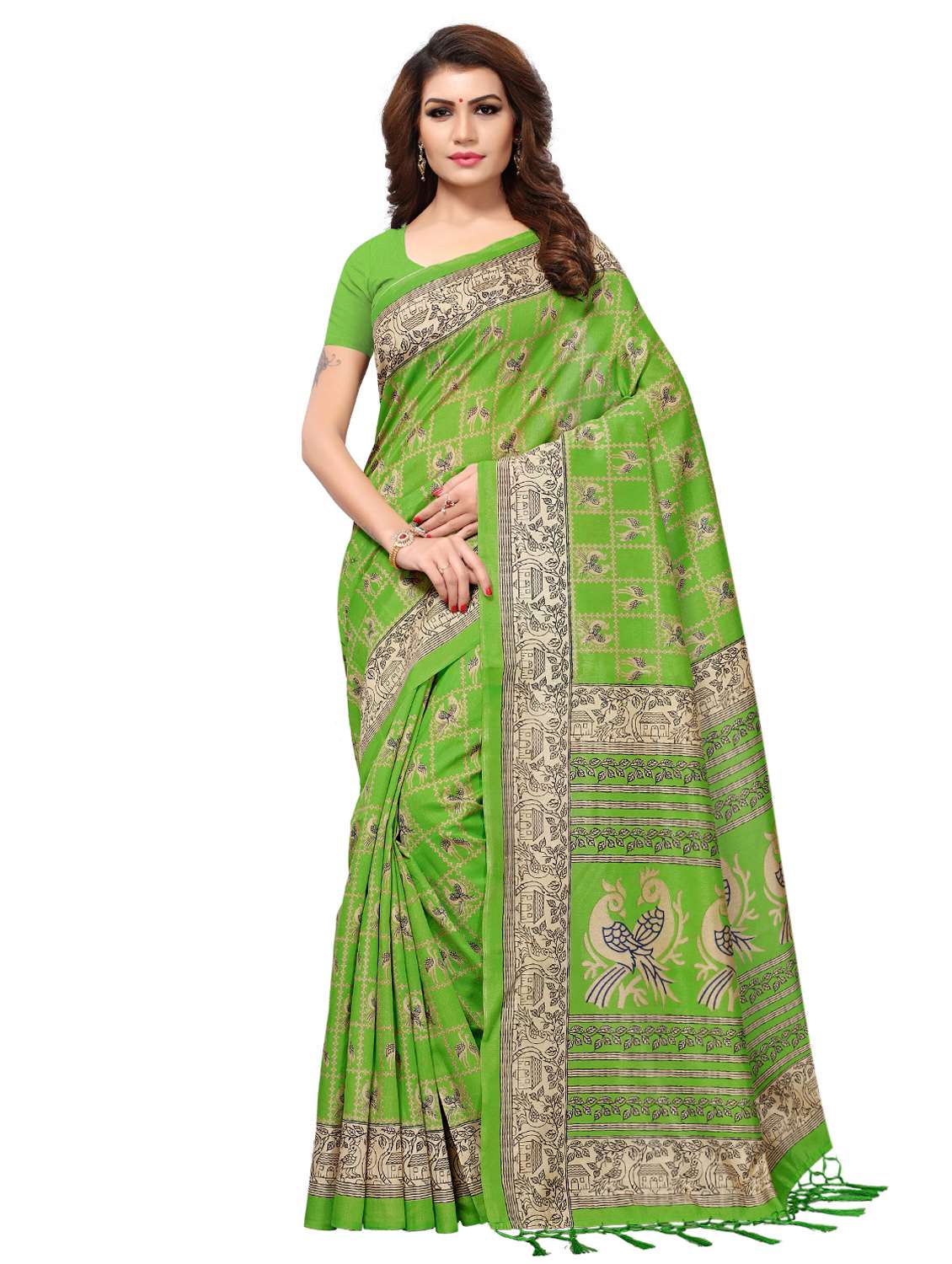 conversational printed green saree with blouse